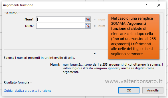 La Finestra di dialogo Argomenti Funzione di Excel