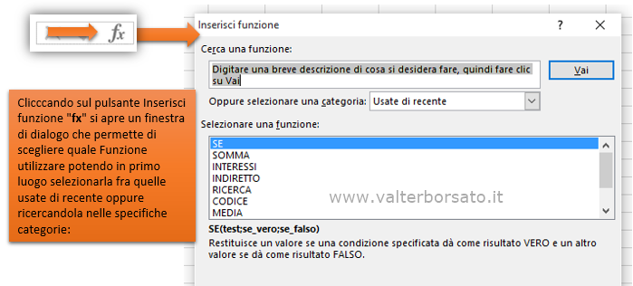 Il pulsante Inserisci Funzione della Barra della Formula di Excel