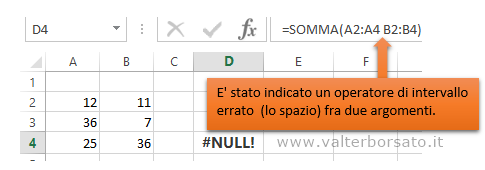 Excel Codici di errore | Messaggio errore #NULLO! - Operatore di intervallo errato