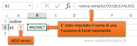 Excel Codici di errore | Messaggio errore #NOME? - Nome Funzione non valido