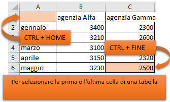 Excel selezionare celle, colonne e aree del Foglio di lavoro | Selezionare prima e ultima cella di una tabella dati