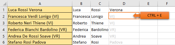 Excel suddividere testi in colonne: Riempimento automatico - Flash Fill