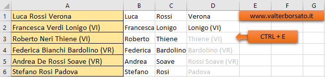 Excel suddividere testi in colonne: Riempimento automatico - Flash Fill - Risultato finale