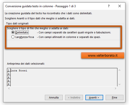 Excel suddividere testi in colonne: Applicare il comando testo in colonne. Wizard passaggio guidato 1 di 3