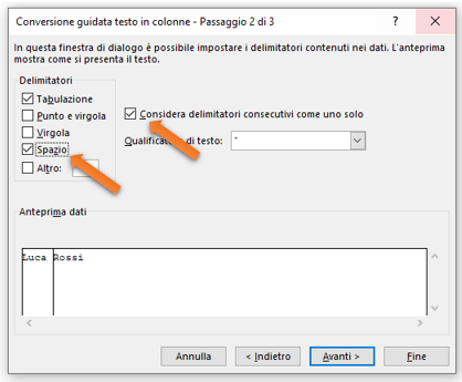 Excel suddividere testi in colonne: Applicare il comando testo in colonne. Wizard passaggio guidato 2 di 3