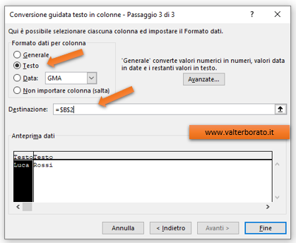 Excel suddividere testi in colonne: Applicare il comando testo in colonne. Wizard passaggio guidato 3 di 3