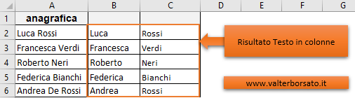 Excel suddividere testi in colonne: Risultato finale comando Testo in colonne