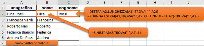 Excel suddividere testi in colonne: Risultato applicazione Formule e Funzioni