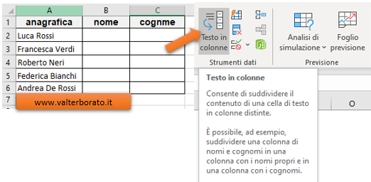 Excel suddividere testi in colonne: Applicare il comando testo in colonne