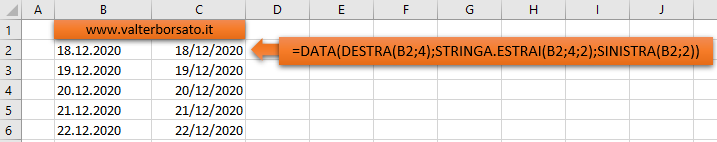 Excel convertire date inserite in formato testuale in numeri: applicare la funzione DATA
