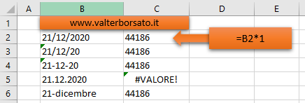 Excel convertire date inserite in formato testuale in numeri: applicare una formula per estarre la data