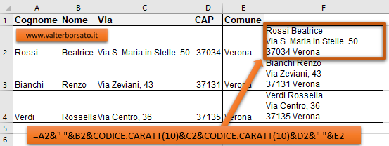 Concatenare stringhe inserendo delle interruzioni di riga, con la Funzione CODICE.CARATT - per creare una etichette di indirizzo