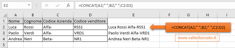 La nuova Funzione CONCAT di Excel