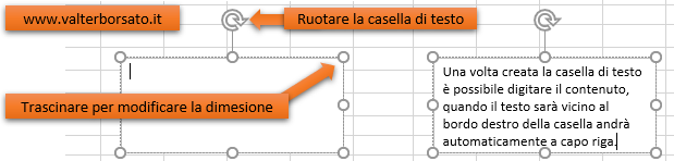 Le caselle di testo di Excel: Organizzare la casella di testo: modificare la dimensione e l'orientamento della casella di testo