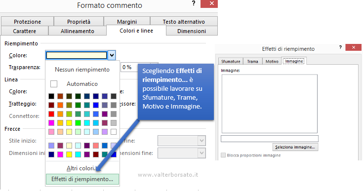 Versioni Excel precedenti alla 365. Come personalizzare il commento (Colore, Immagini, Forme e Trame)