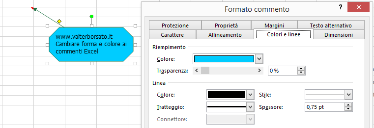 Versioni Excel precedenti alla 365. Come personalizzare il commento (Colore, Immagini, Forme e Trame)