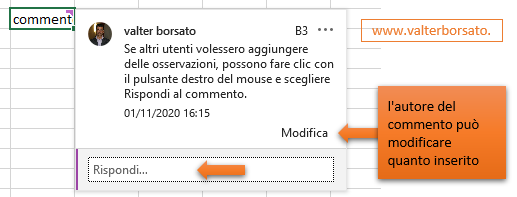 Creare e organizzare Commenti e Note nei Fogli di lavoro di Excel: Modificare un commento 