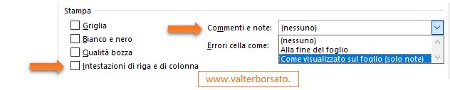 Creare e organizzare Commenti e Note nei Fogli di lavoro di Excel: Impostare la stampa di note e commenti 