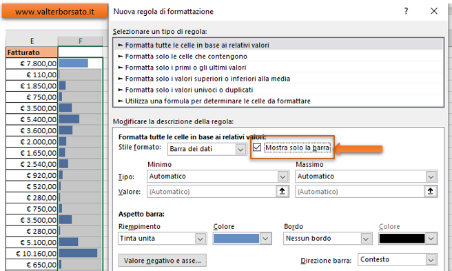 Creare una formattazione Barre dei dati nascondendo i valori presenti nelle celle