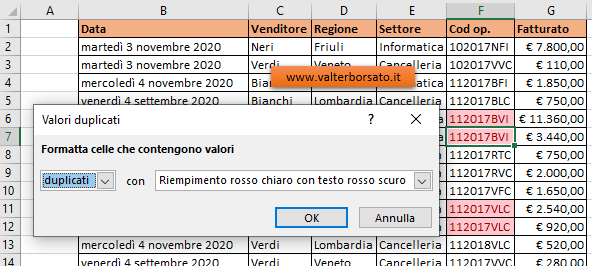 Formattazione condizionale:  regola Valori duplicati