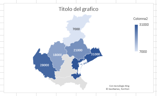 Creare in Excel un grafico con le mappe di Bing: etichette dati inserite nel grafico