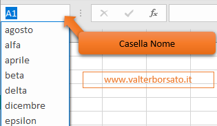 Intervalli denominati (Nomi definiti): Utilizzare Casella nome per spostarsi nelle aree denominate