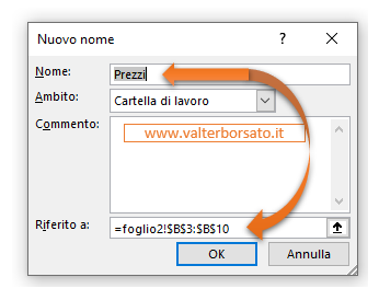 Intervalli denominati (Nomi definiti) cosa sono, come crearli e gestirli: Finestra di dialogo Nuovo nome