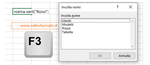 Intervalli denominati: Come richiamare l'elenco degli intervalli denominati per poterli incollare in Formule e Funzioni