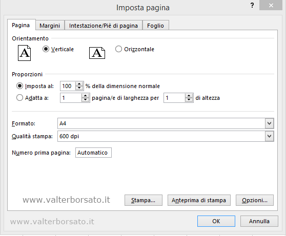 Preparare la stampa del Foglio di lavoro di Excel: la finestra di dialogo Imposta pagina