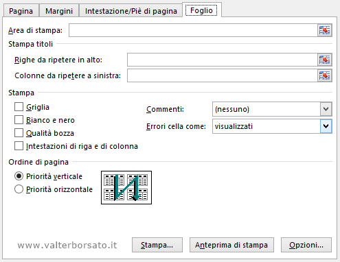 Preparare la stampa del Foglio di lavoro di Excel: la scheda Foglio della finestra di dialogo Imposta pagina