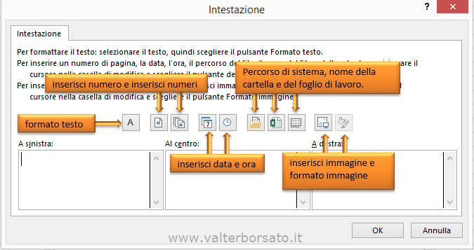 Definire il contenuto dell'intestazione e del piè di pagina