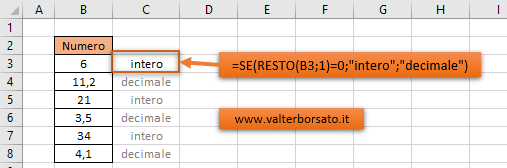 Applicare la Funzione RESTO per evidenziare numeri interi o decimali