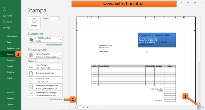 Come stampare in Excel: backstage di Excel impostazione stampa