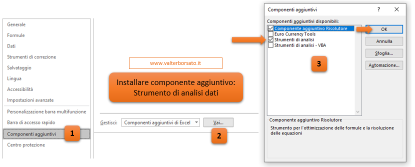 Statistica descrittiva con lo strumento analisi dati di Excel: Installazione del componente aggiuntivo STRUMENTO ANALISI DATI