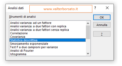 Statistica descrittiva con lo strumento analisi dati di Excel: Installazione del componente aggiuntivo STRUMENTO ANALISI DATI - statistica descrittiva