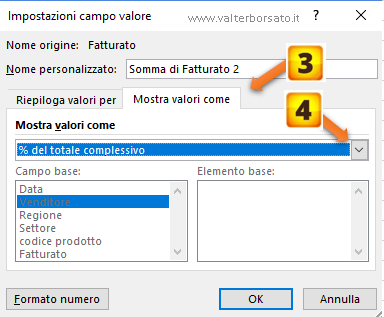 Calcolo percentuale nelle tabelle Pivot: Impostazione campo valore percentuale del totale complessivo