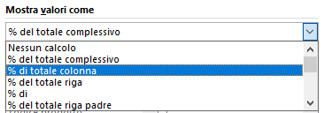 Calcolo percentuale nelle tabelle Pivot: Mostra valori come, percentuale del totale di colonna