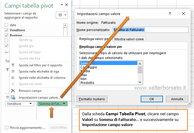 Excel: Creare e gestire le Tabelle Pivot | Impostazione campo VALORI Tabella Pivot