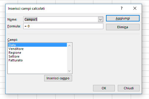 Inserire campo calcolato nella Tabella Pivot - La finestra di dialogo Inserisci campi calcolati