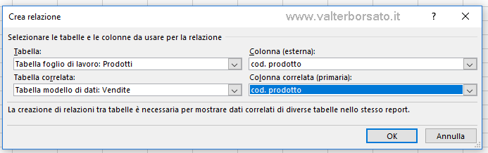 Creare un modello di dati in Excel, mettere in relazioni più tabelle dati | Finestra di dialogo: Crea Relazioni