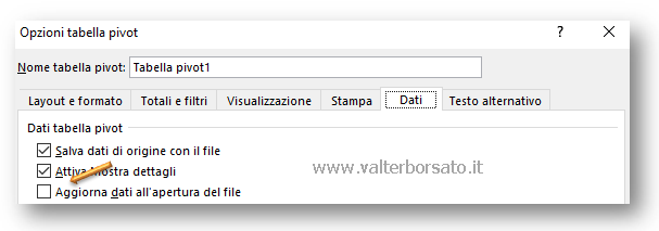 Excel: Creare un Grafico Tabella Pivot | Finestra di dialogo Opzioni tabella Pivot - scheda Dati