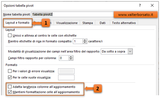 Evitare modifiche della formattazione e dimensione delle colonne durante l'aggiornamento di una Tabella Pivot