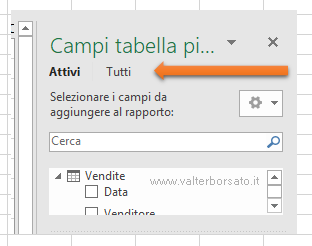 Creare un modello di dati in Excel, mettere in relazioni più tabelle dati | Campi tabella Pivot: Attivi Tutti