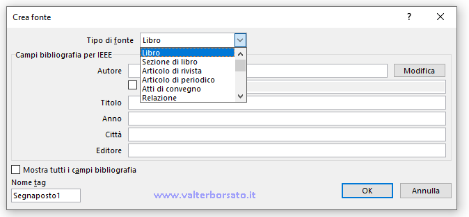 Come organizzare in Word riferimenti e citazioni e creare automaticamente la bibliografia: La finestra di dialogo Crea fonte