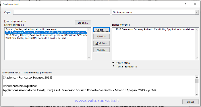 Come organizzare in Word riferimenti e citazioni e creare automaticamente la bibliografia: La finestra di dialogo Gestione fonti