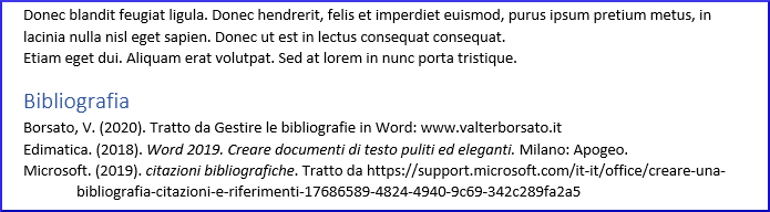 Come organizzare in Word riferimenti e citazioni e creare automaticamente la bibliografia: Risultato finale inserimento bibliografia