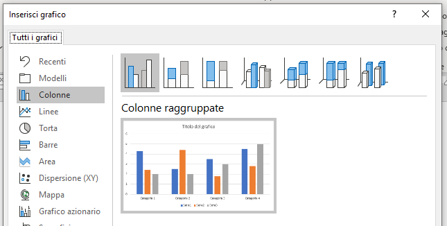 Come creare un grafico Istogramma (barre) in un documento Word: scelta del modello istogramma 