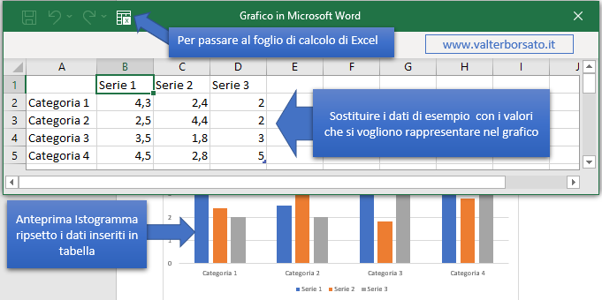 Come creare un grafico Istogramma (barre) in un documento Word: organizzare e completare  il grafico