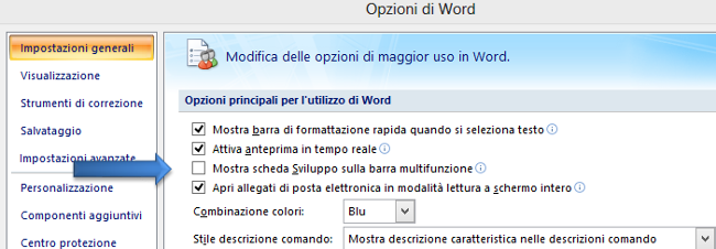 WORD: Inserimento della scheda sviluppo nella barra multifunzione di word.