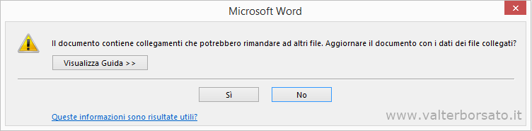 Collegare WORD con  un Foglio di Excel, aggiornamento dati